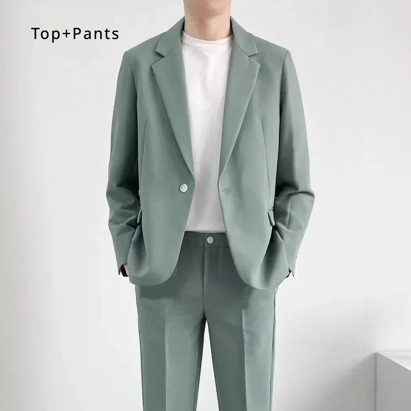 S-6XL Men's Business Casual Suit Korean Style Trendy Slim Fit 2 Piece Set