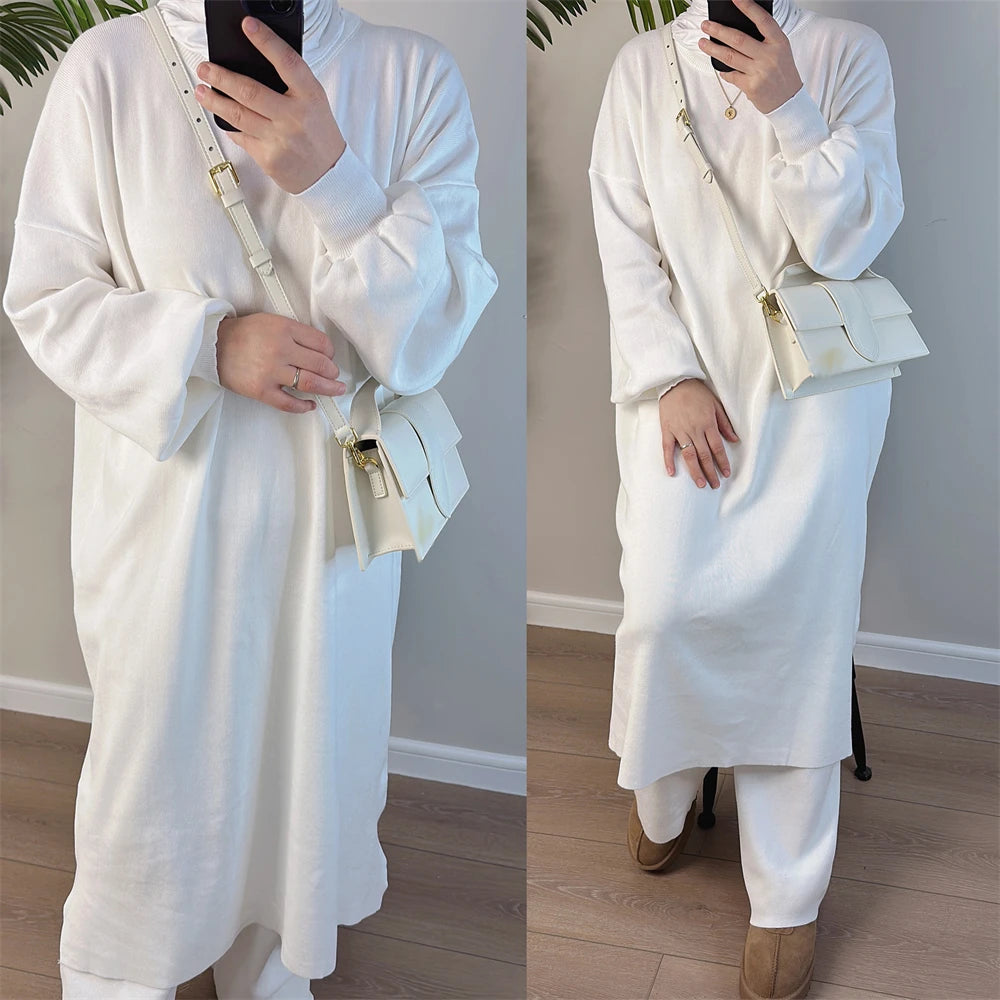 Muslim Women Winter Abaya Sweater 2 Piece Sets Matching Suit Thick Knitted Long Dress with Pants Autumn Islam Modest Outfit Gown