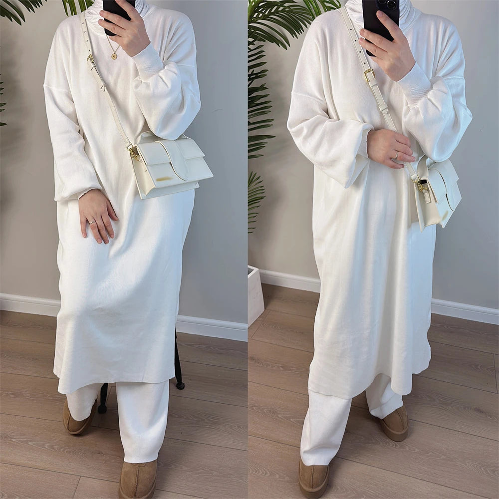 Muslim Women Winter Abaya Sweater 2 Piece Sets Matching Suit Thick Knitted Long Dress with Pants Autumn Islam Modest Outfit Gown