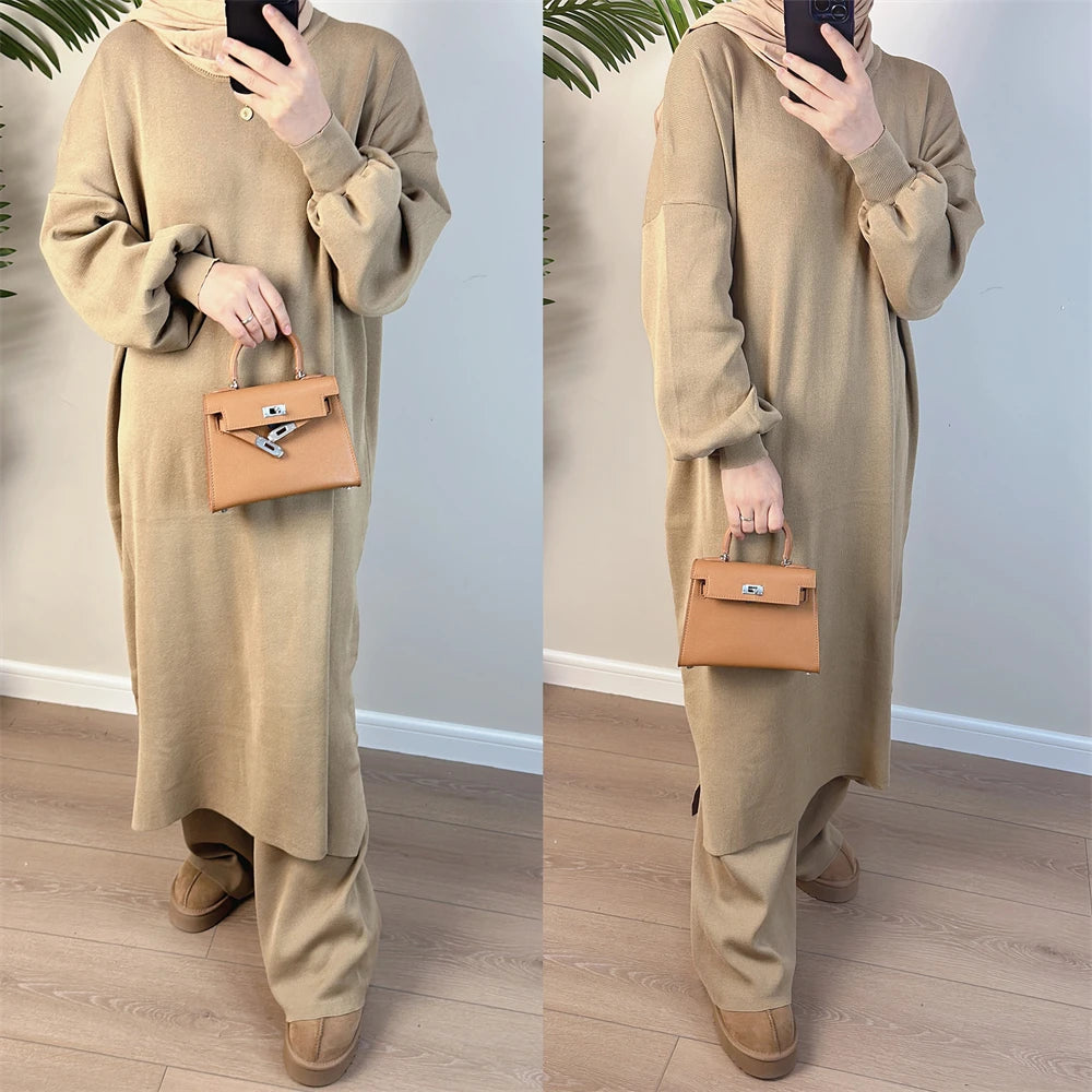 Muslim Women Winter Abaya Sweater 2 Piece Sets Matching Suit Thick Knitted Long Dress with Pants Autumn Islam Modest Outfit Gown