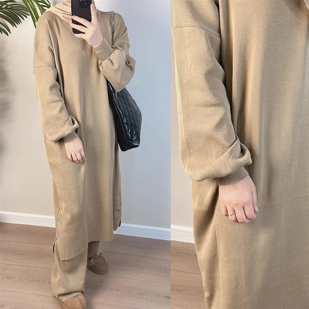 Muslim Women Winter Abaya Sweater 2 Piece Sets Matching Suit Thick Knitted Long Dress with Pants Autumn Islam Modest Outfit Gown