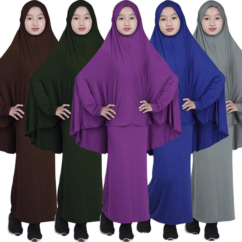 Set Muslim Kids Girls Robe Abaya Burka Hijab Islamic Maxi Dress
