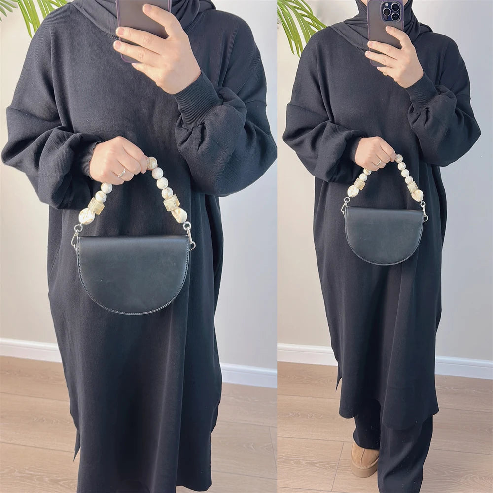 Muslim Women Winter Abaya Sweater 2 Piece Sets Matching Suit Thick Knitted Long Dress with Pants Autumn Islam Modest Outfit Gown
