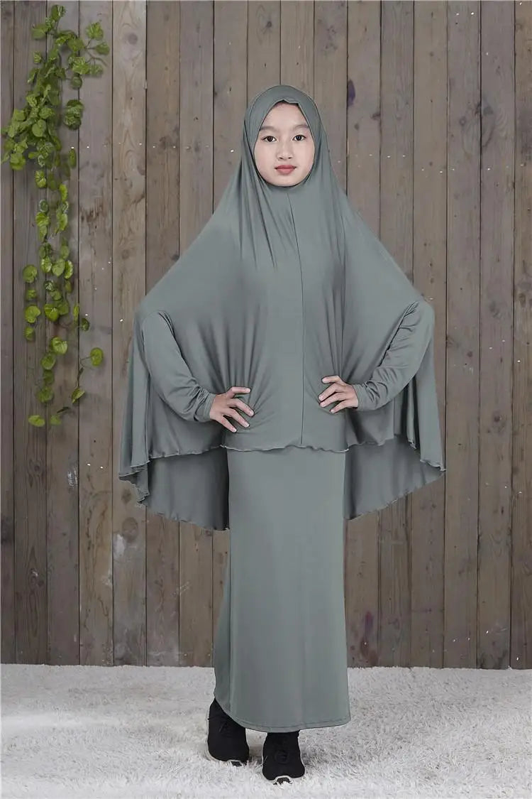 Set Muslim Kids Girls Robe Abaya Burka Hijab Islamic Maxi Dress