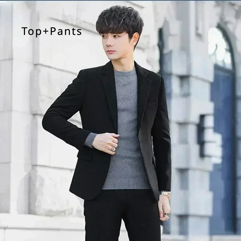 S-6XL Men's Business Casual Suit Korean Style Trendy Slim Fit 2 Piece Set