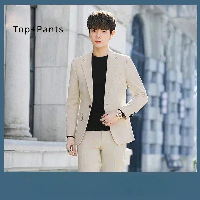 S-6XL Men's Business Casual Suit Korean Style Trendy Slim Fit 2 Piece Set