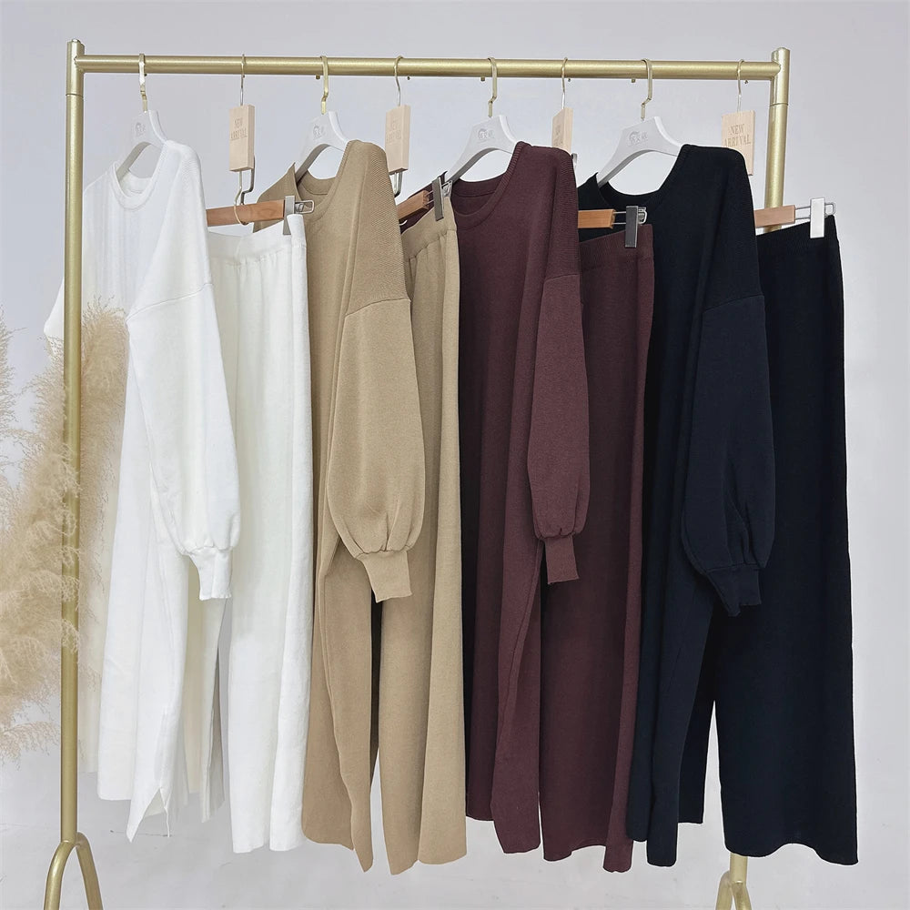 Muslim Women Winter Abaya Sweater 2 Piece Sets Matching Suit Thick Knitted Long Dress with Pants Autumn Islam Modest Outfit Gown