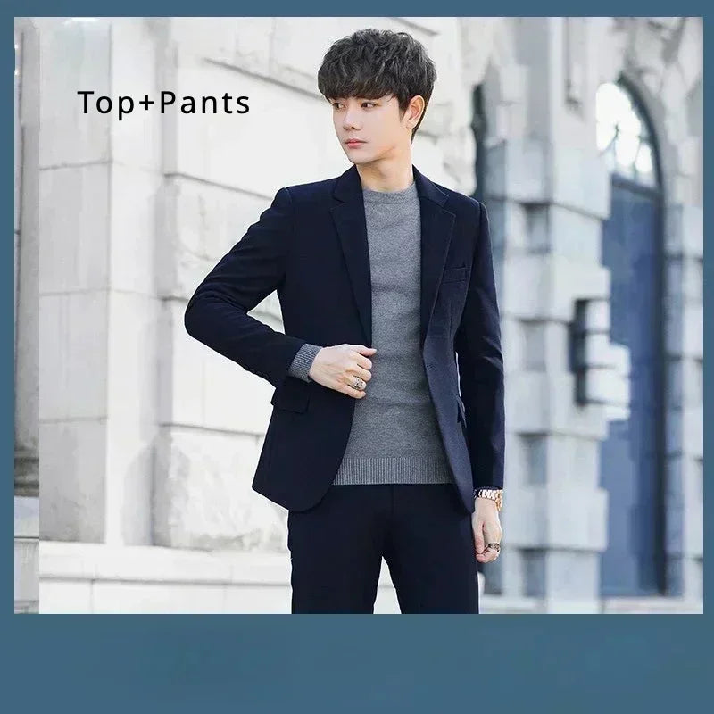 S-6XL Men's Business Casual Suit Korean Style Trendy Slim Fit 2 Piece Set