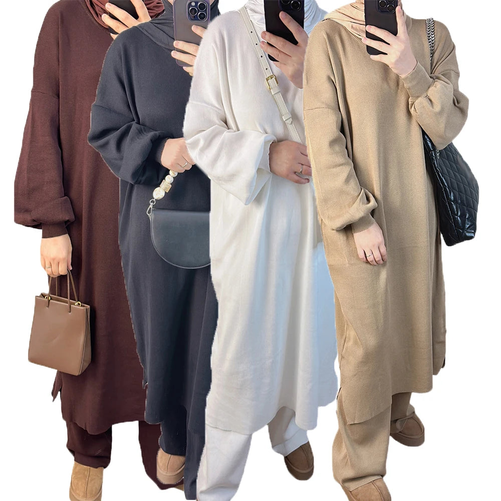 Muslim Women Winter Abaya Sweater 2 Piece Sets Matching Suit Thick Knitted Long Dress with Pants Autumn Islam Modest Outfit Gown