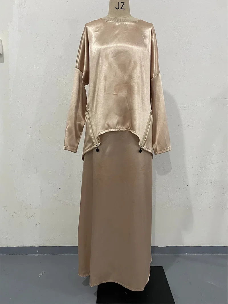 Women Eid Muslim Sets Solid Tops Skirt Ramadan Morocco Dubai Outfits Islamic Arab Two Pieces Dress Abaya Kaftan Suit Robe