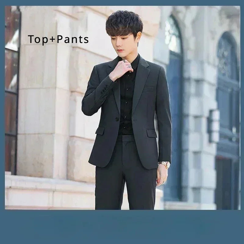 S-6XL Men's Business Casual Suit Korean Style Trendy Slim Fit 2 Piece Set