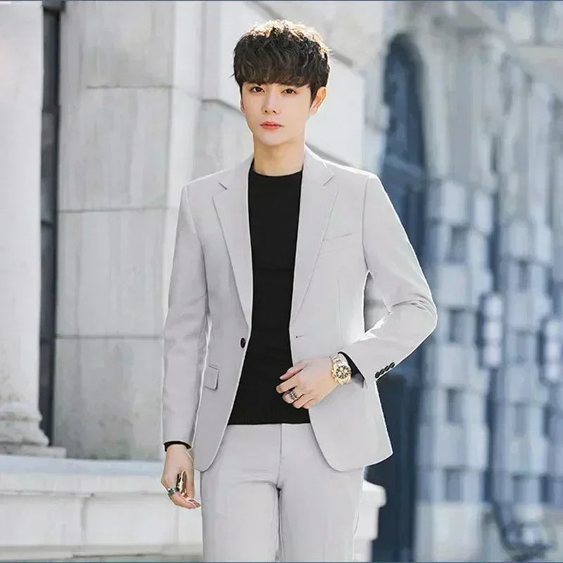S-6XL Men's Business Casual Suit Korean Style Trendy Slim Fit 2 Piece Set