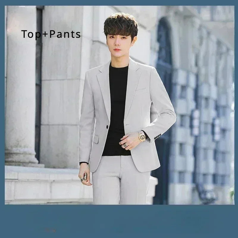 S-6XL Men's Business Casual Suit Korean Style Trendy Slim Fit 2 Piece Set