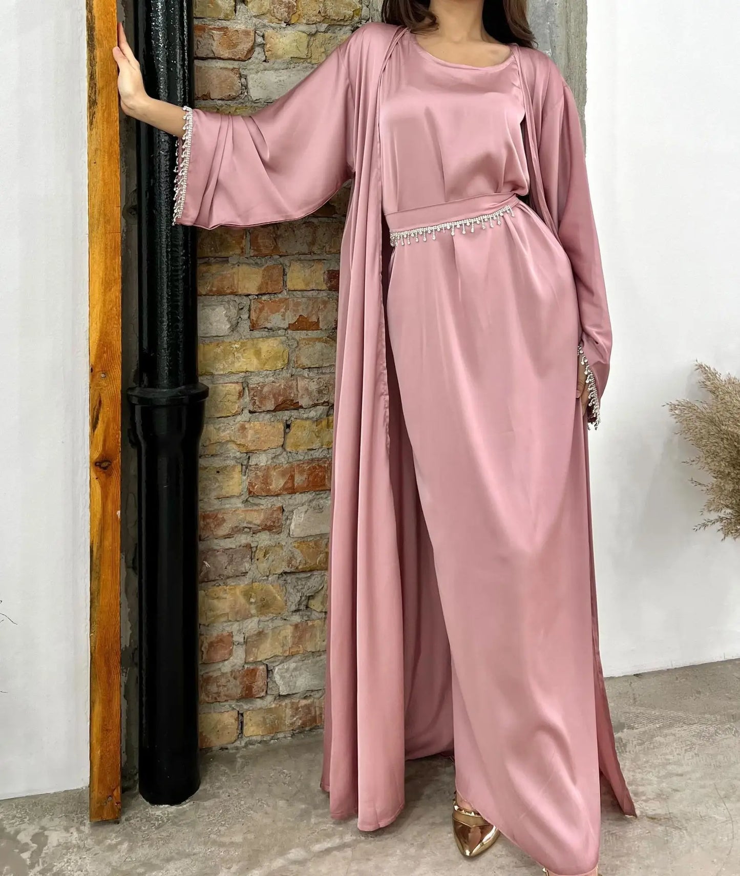 Satin Abaya 2 Pieces Set Solid Color Abayas Beige Simple Kaftan Dubai