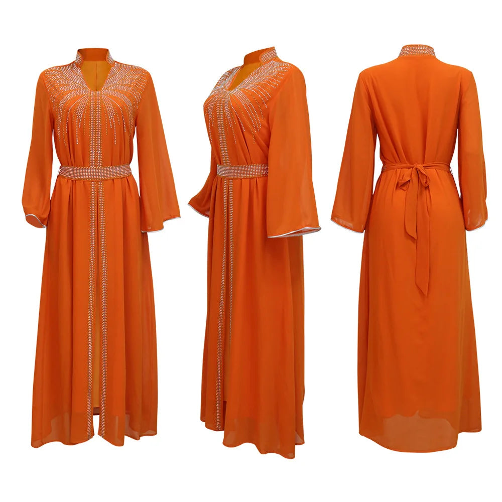 Middle East Kaftan Muslim Fashion Hot Diamond Chiffon Dress with Belt, Jalabiya, Dubai, Islam, Turkey