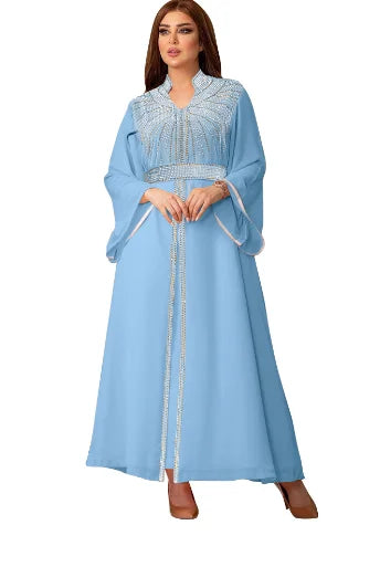 Middle East Kaftan Muslim Fashion Hot Diamond Chiffon Dress with Belt, Jalabiya, Dubai, Islam, Turkey