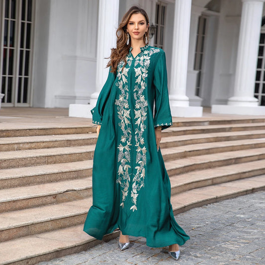 Uni Fashion Dubai Women Dress Floral Embroidery Abayas Long Sleeve Notched V-Neck Loose Skirt Turkish Saudi Party Gown