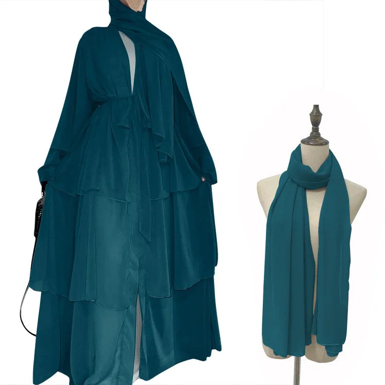 Robe Femme Musulmane Fashion Stitching Three-layer Chiffon Elegant Cardigan Dress Gown Abayas for Women Dubai Open Abaya Kimono