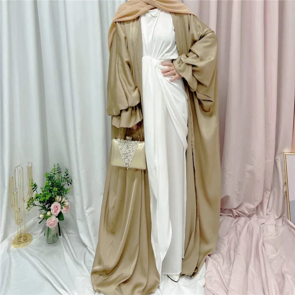 Satin Open Abaya Kimono Femme Musulmane Puff Sleeve Muslim Hijab Dress Islam Abayas for Women Dubai Kaftan Clothing