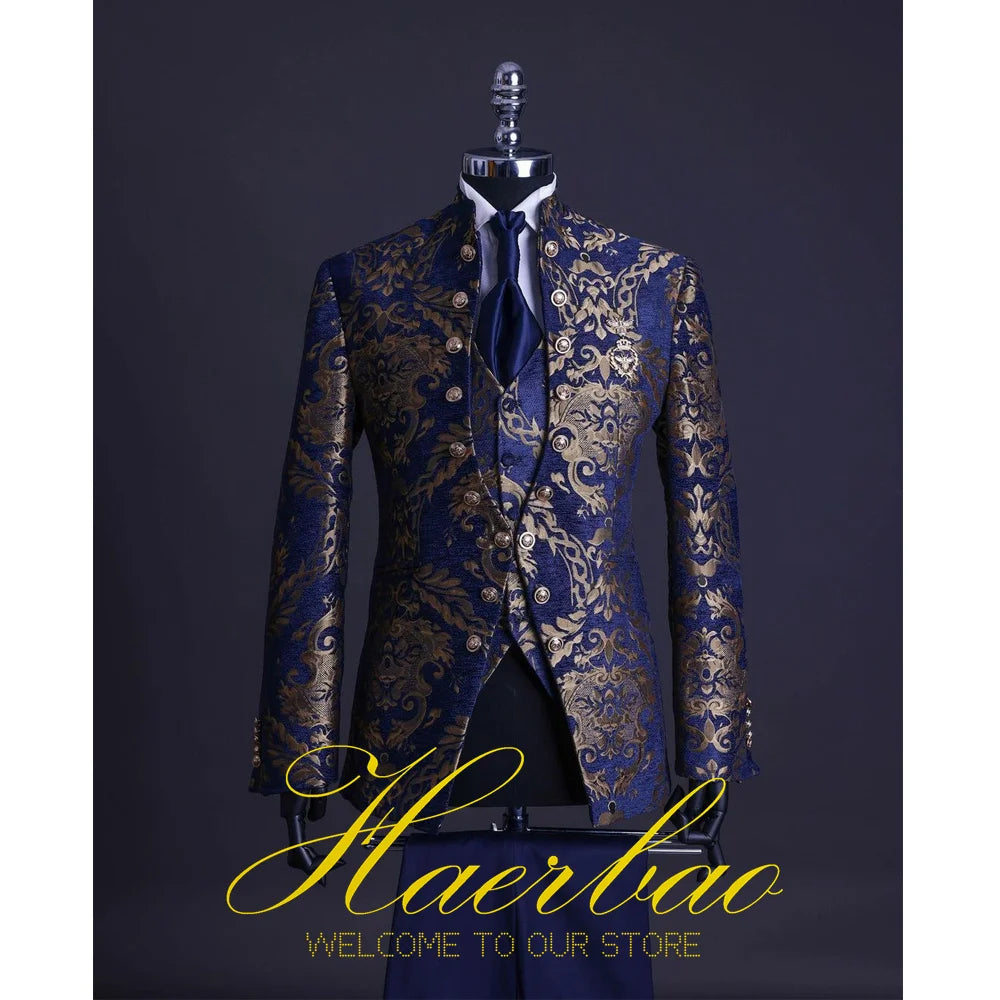 Men Suit Set Stand Collar Mens Wedding Suits Formal Groom Tuxedo Costume Handsome Blue Gold Floral Rim Stage