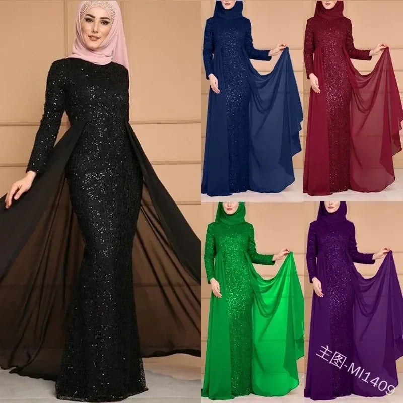 Women Muslim Fishtail Formal Dress Long Sleeve Islamic Clother Slim Fit Noble Abaya Turkey Sequin Elegant Malaysia Morocco