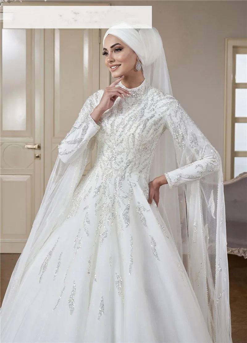 Muslim Wedding Dress High Neck Luxury Beaded Islamic Hijab Bridal Gow