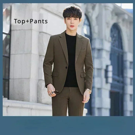 S-6XL Men's Business Casual Suit Korean Style Trendy Slim Fit 2 Piece Set