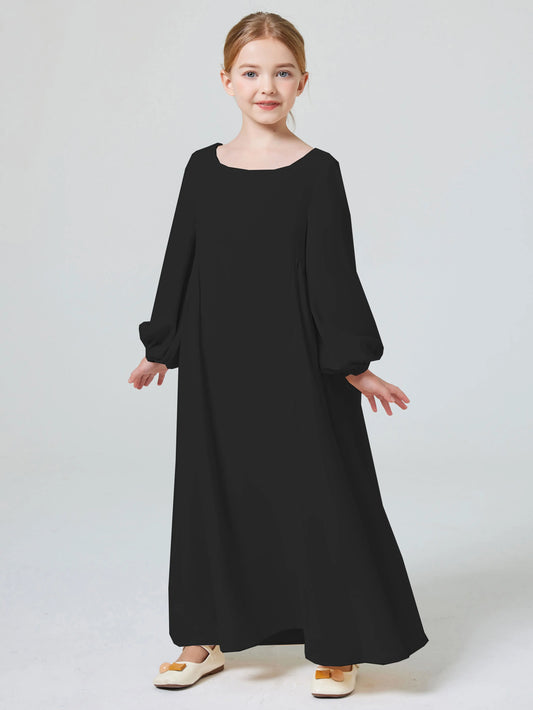 Abaya Muslim Elegant Girl's Solid Crew Neck Long Sleeve Kaftan Dress For Pray Party