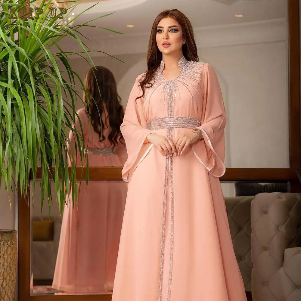 Middle East Kaftan Muslim Fashion Hot Diamond Chiffon Dress with Belt, Jalabiya, Dubai, Islam, Turkey