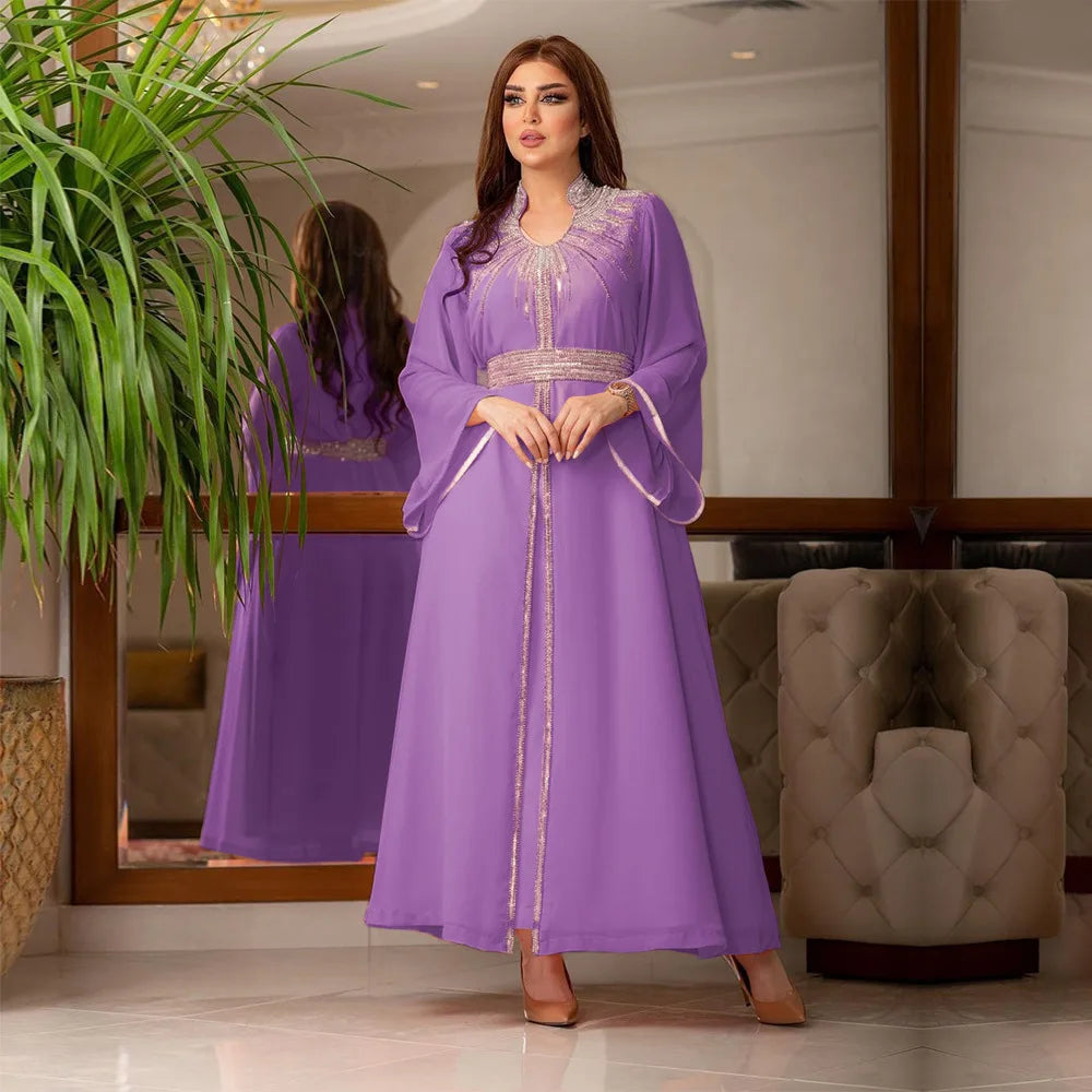 Middle East Kaftan Muslim Fashion Hot Diamond Chiffon Dress with Belt, Jalabiya, Dubai, Islam, Turkey