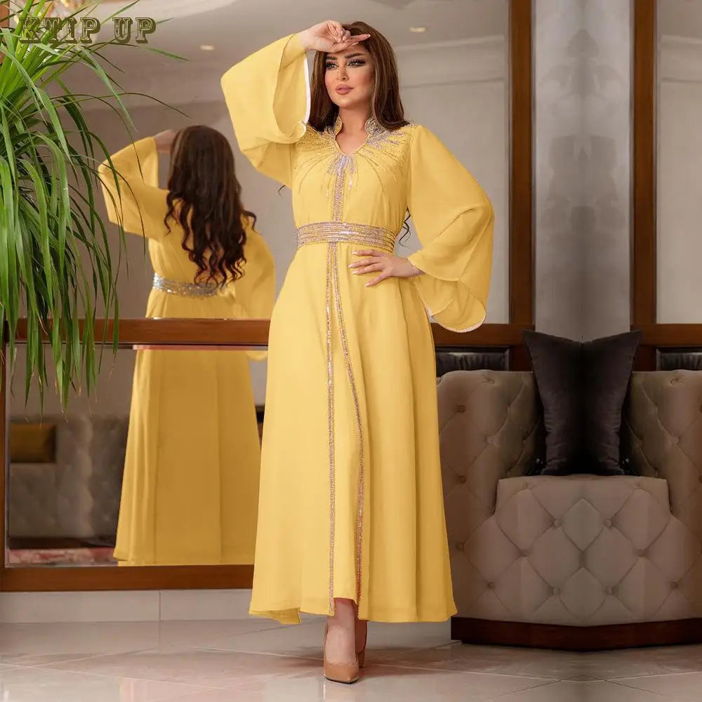 Middle East Kaftan Muslim Fashion Hot Diamond Chiffon Dress with Belt, Jalabiya, Dubai, Islam, Turkey