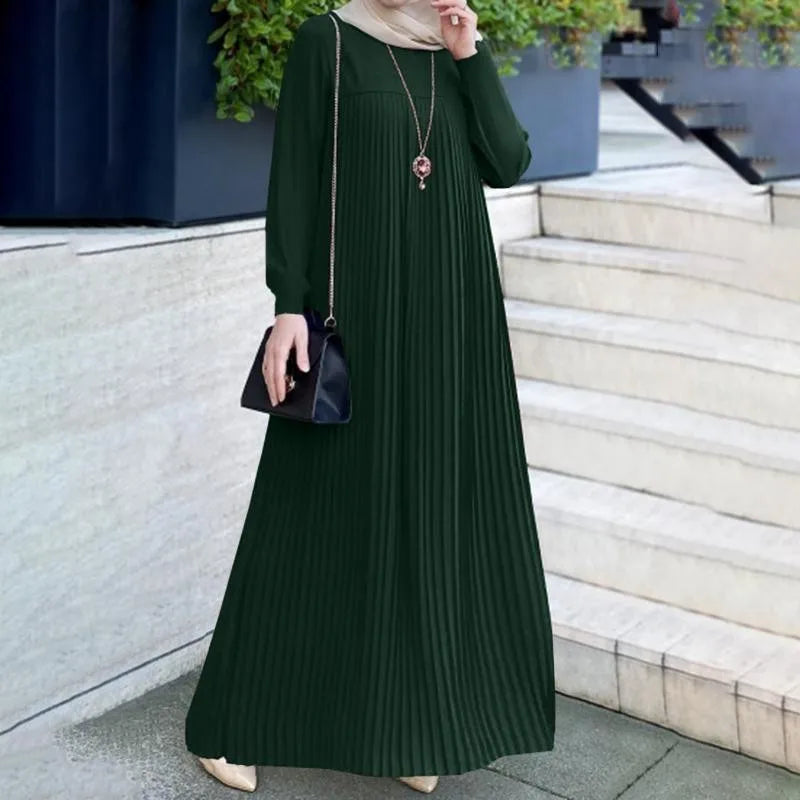 Muslim women's clothing, Arabic style fashion, elegant pleated skirt, solid color round neck long sleeved pleated dress