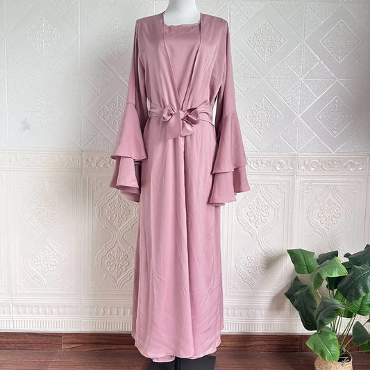 Abaya Set with Open Kimono and Sleeveless Inner Dress for Muslim Women