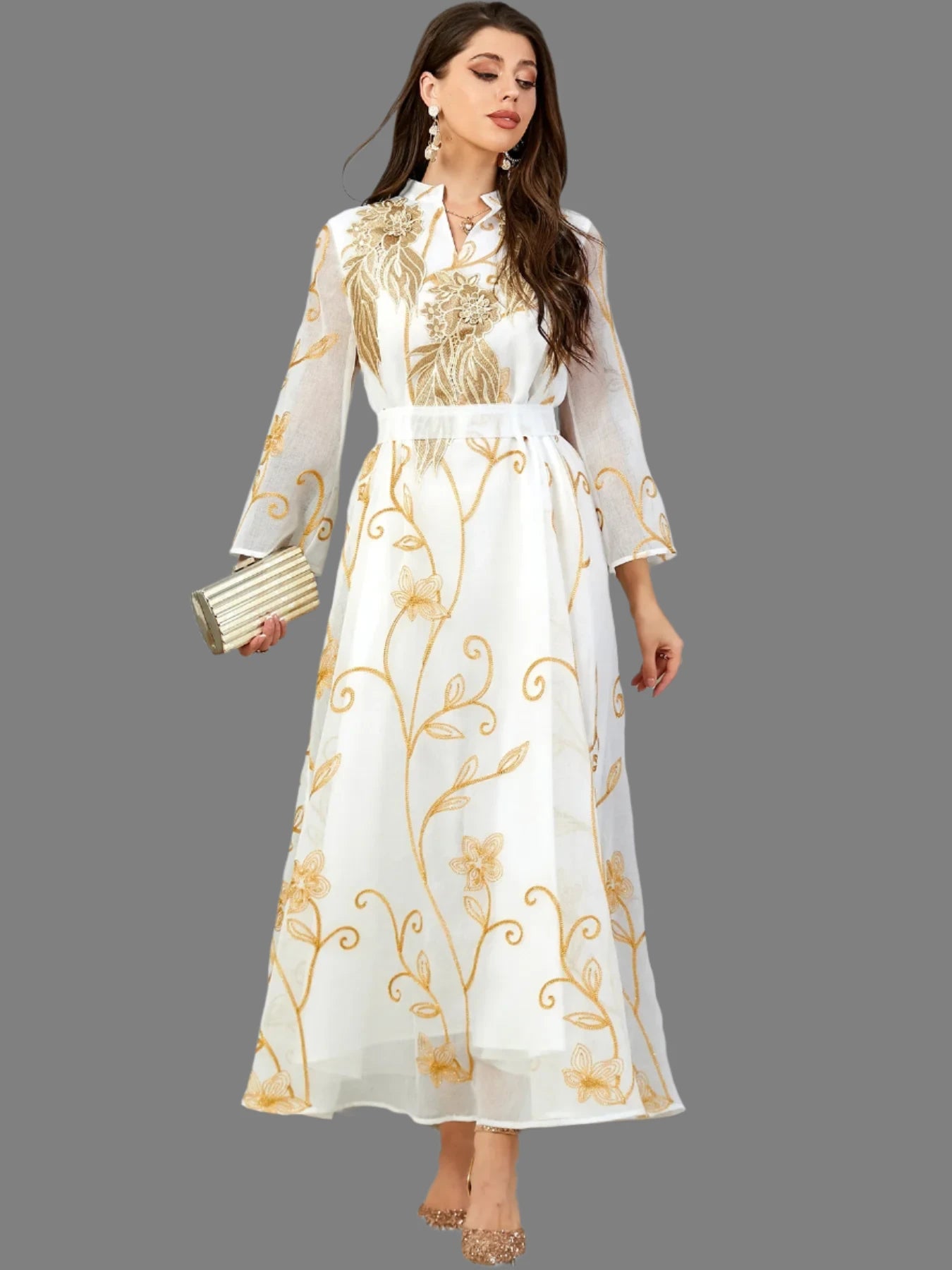 Muslim woman mesh dress with embroidered V-neck, Dubai style, Islamic clothing, Islamic, Morocco, luxury fashion