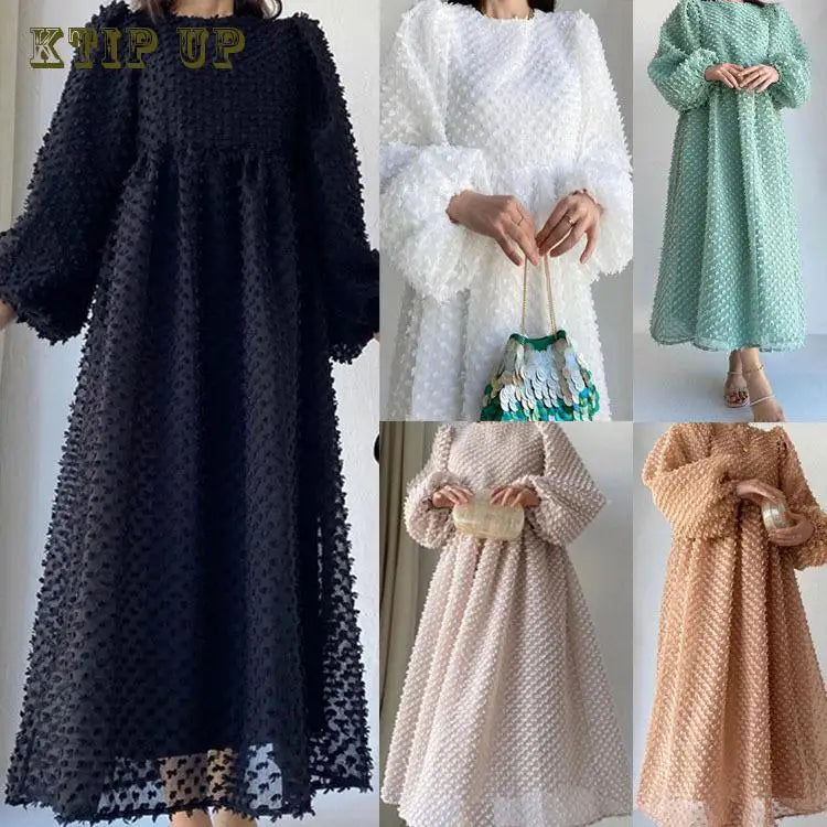 Middle East Saudi Arabia Morocco New Solid Round Neck Lantern Long Sleeve Fashion Dubai Islamic Swing Malaysia Dress Women Abaya