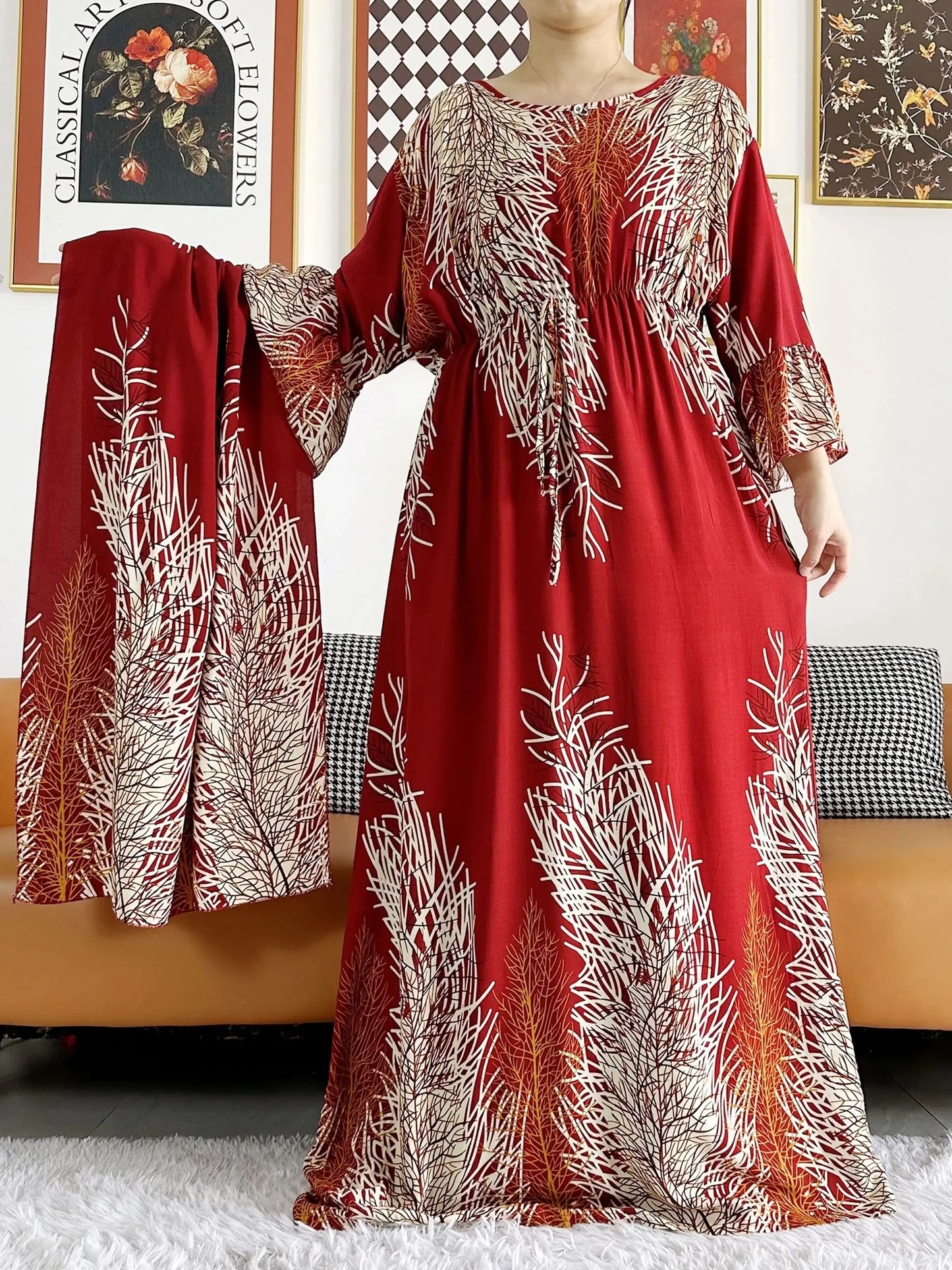 New Women Long Sleeve Dashiki Dress African Woman Print Turban Kaftan Abaya Ramadan Eid Muslim Hijab Dresses Femme Arabia Amira