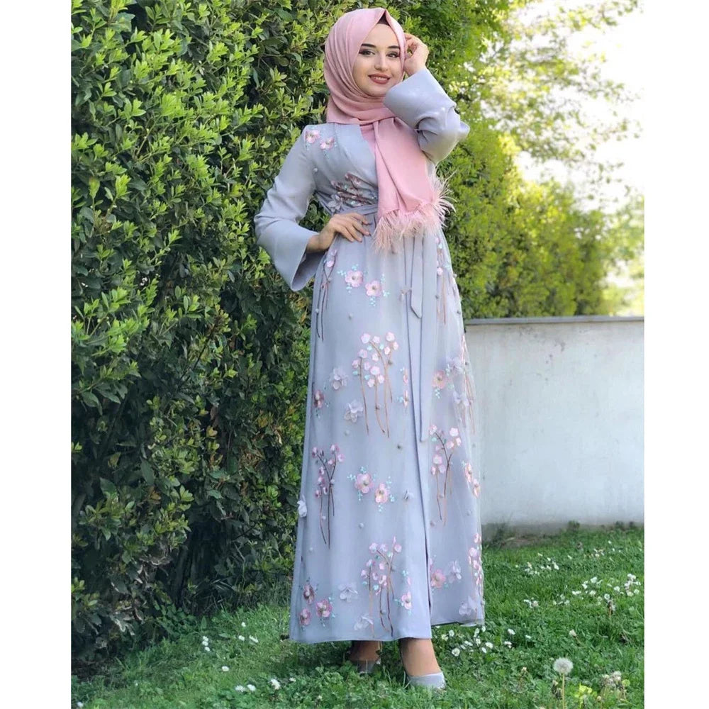 Muslim Women 3D Flower Embroidery Abaya Open Kimono Arab Robe Long Dress Islamic Kaftan Robe Party Evening Elegant Gown Autumn