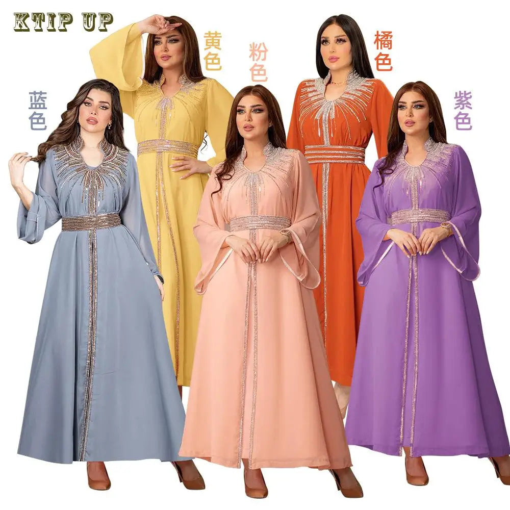 Middle East Kaftan Muslim Fashion Hot Diamond Chiffon Dress with Belt, Jalabiya, Dubai, Islam, Turkey