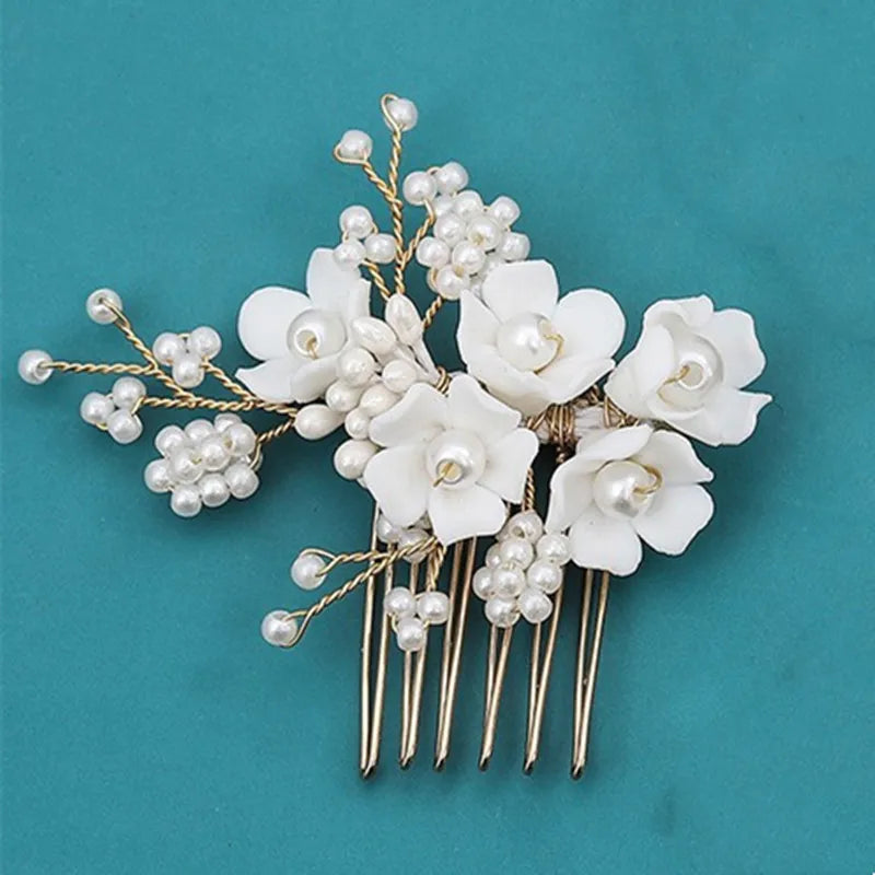 White Pearl Flower Hair Combs Jewelry Bridal Tiaras Women Headband Bridal Hair Jewelry Wedding Hair Accessories For Bride