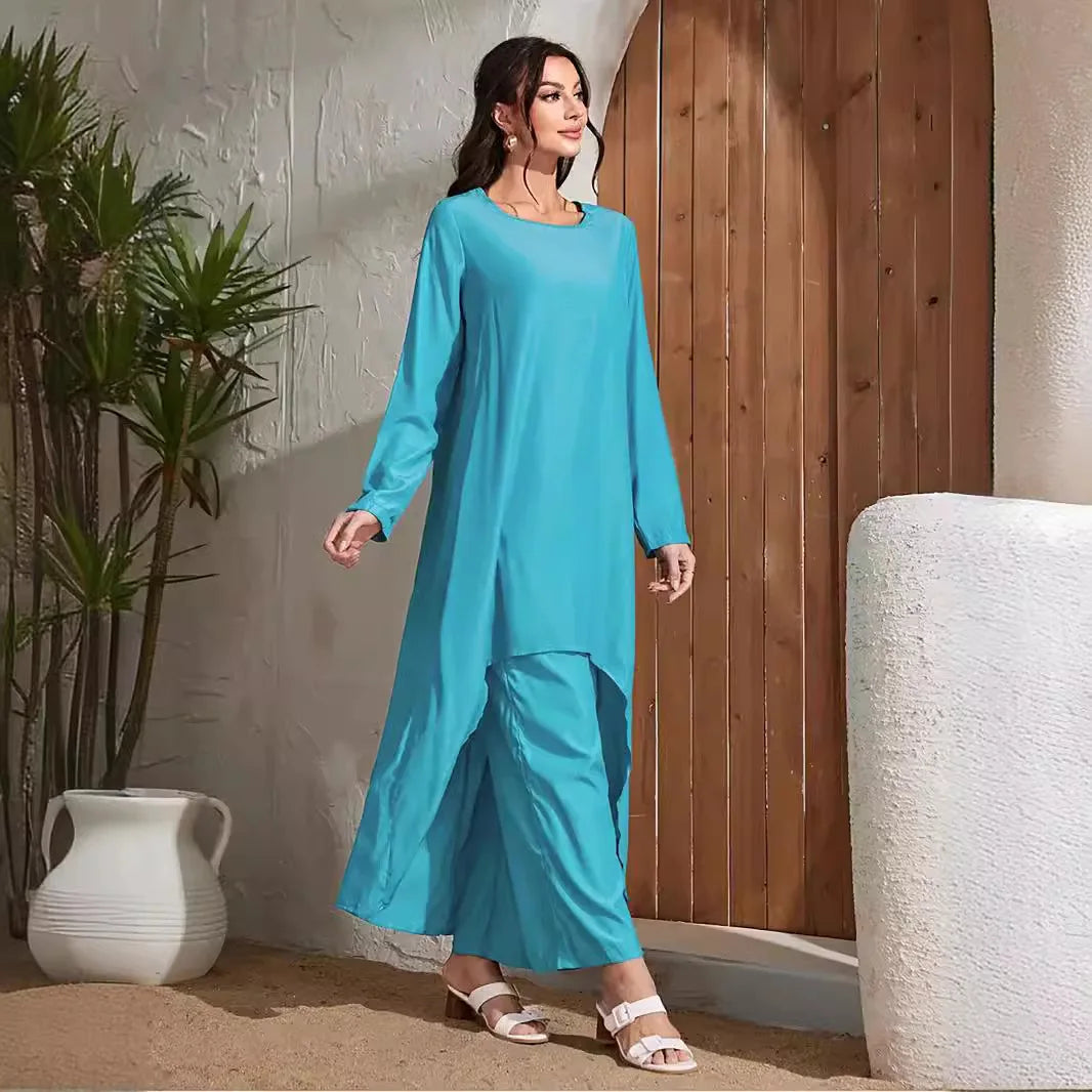 Women's Muslim Two Piece Set Fashion Elegant Solid Colour Irregular Long Dress Top Wide Leg Pants Robe