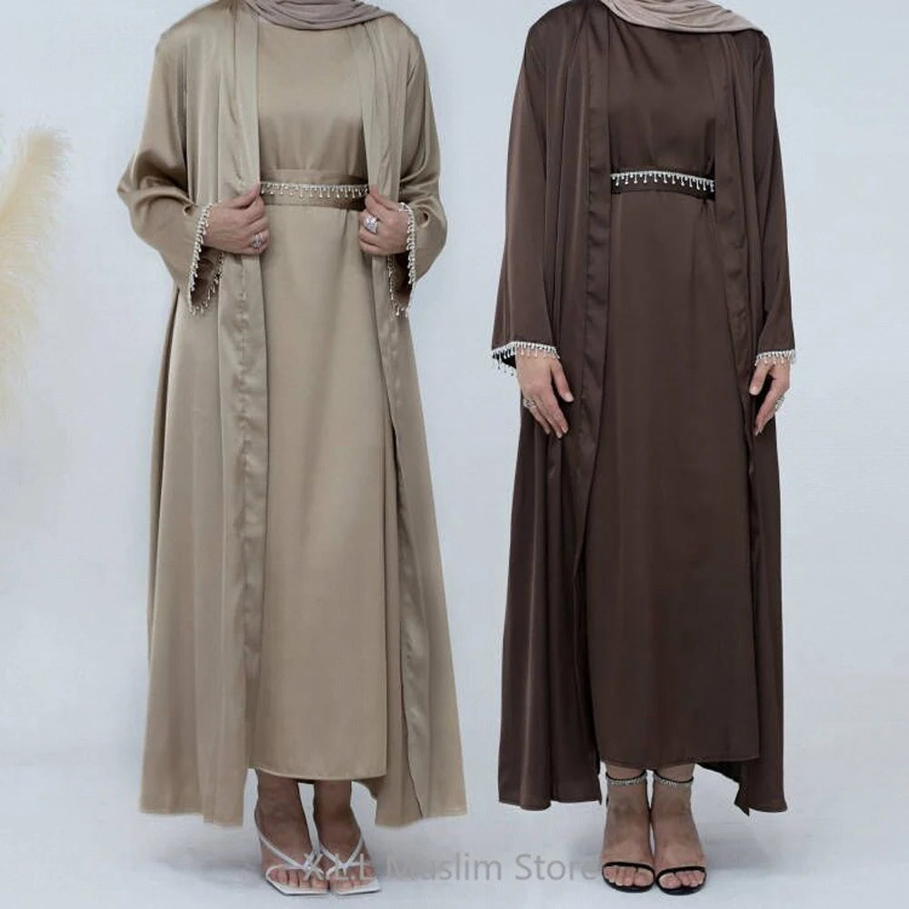 Satin Abaya 2 Pieces Set Solid Color Abayas Beige Simple Kaftan Dubai