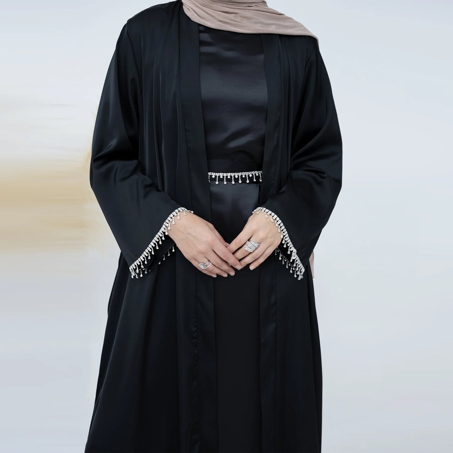 Satin Abaya 2 Pieces Set Solid Color Abayas Beige Simple Kaftan Dubai