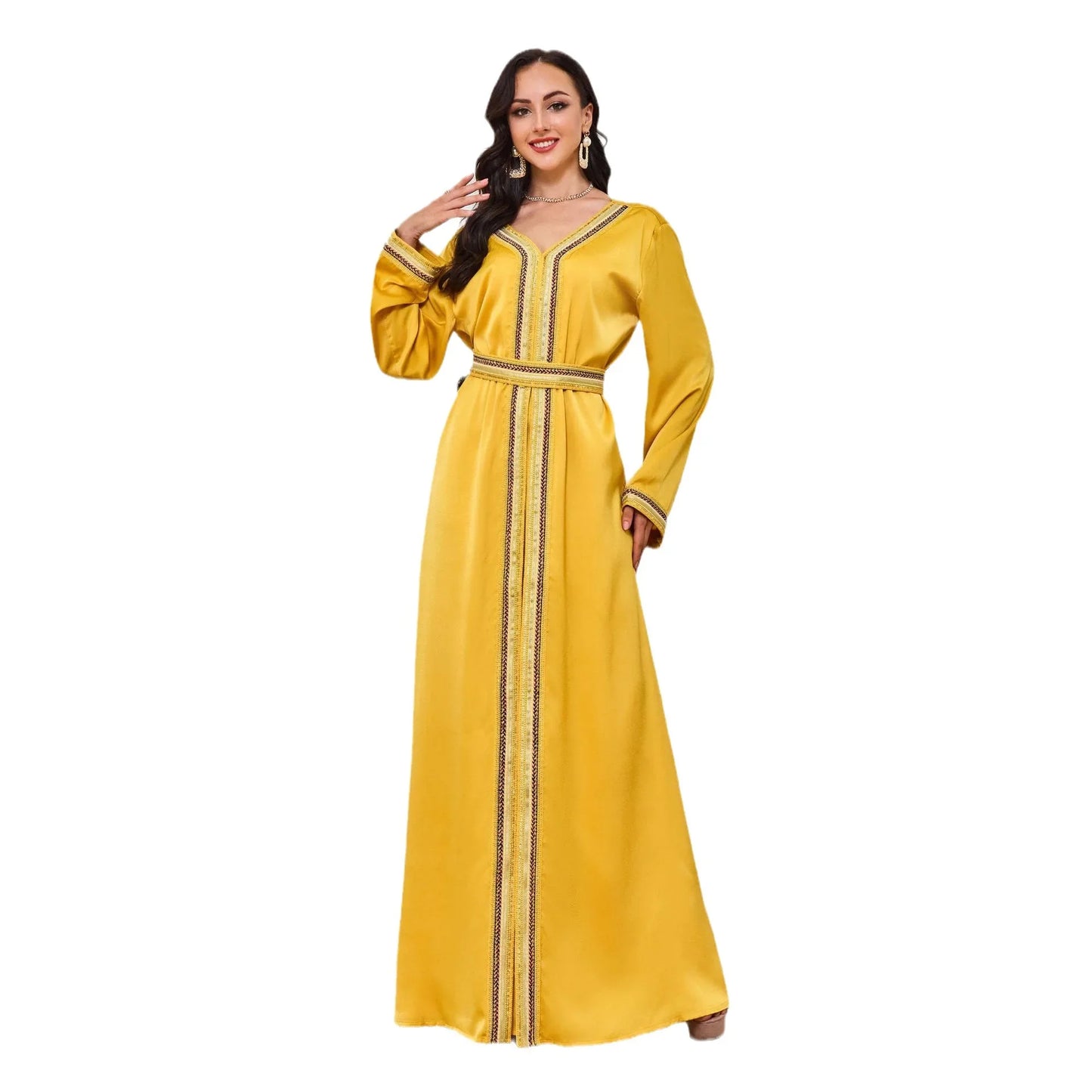 Split Party Yellow Dress Muslim Abaya for Women Arabia Long Sleeve