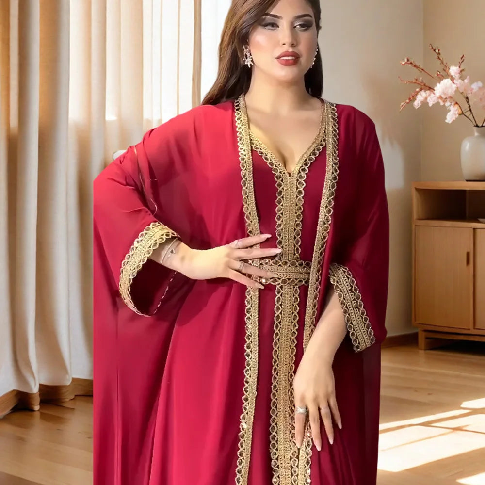 2024 Abayas for Women Dubai Elegant Muslim Women Dress 2 Piece Set Chiffon Long Sleeve Kaftan Plus Size Party Robes Outfits