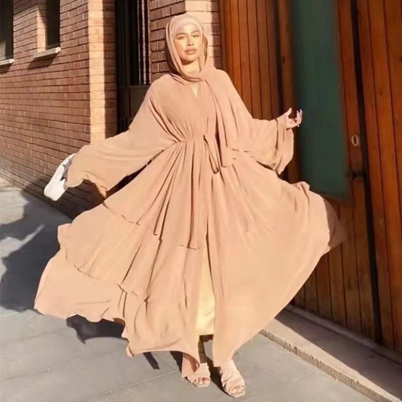 Robe Femme Musulmane Fashion Stitching Three-layer Chiffon Elegant Cardigan Dress Gown Abayas for Women Dubai Open Abaya Kimono