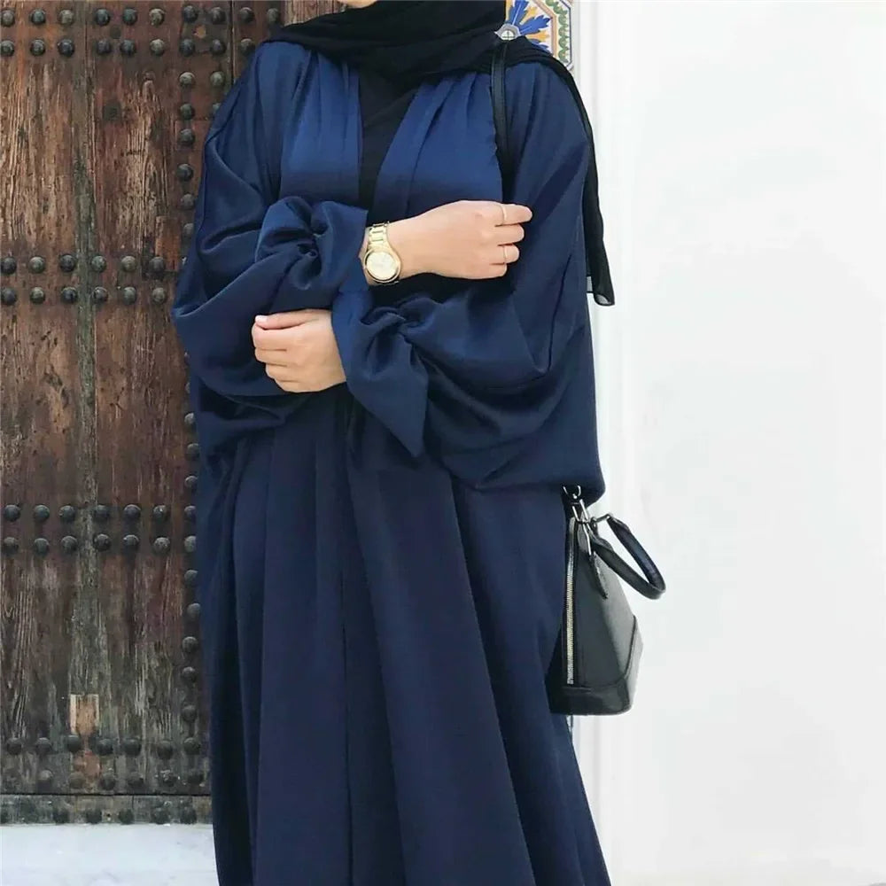 Satin Open Abaya Kimono Femme Musulmane Puff Sleeve Muslim Hijab Dress Islam Abayas for Women Dubai Kaftan Clothing