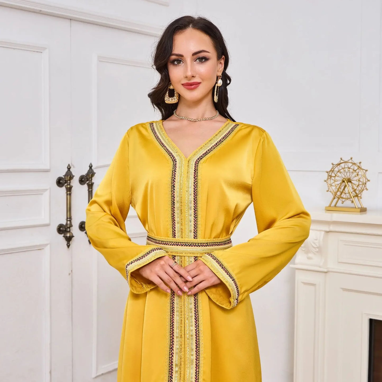 Split Party Yellow Dress Muslim Abaya for Women Arabia Long Sleeve