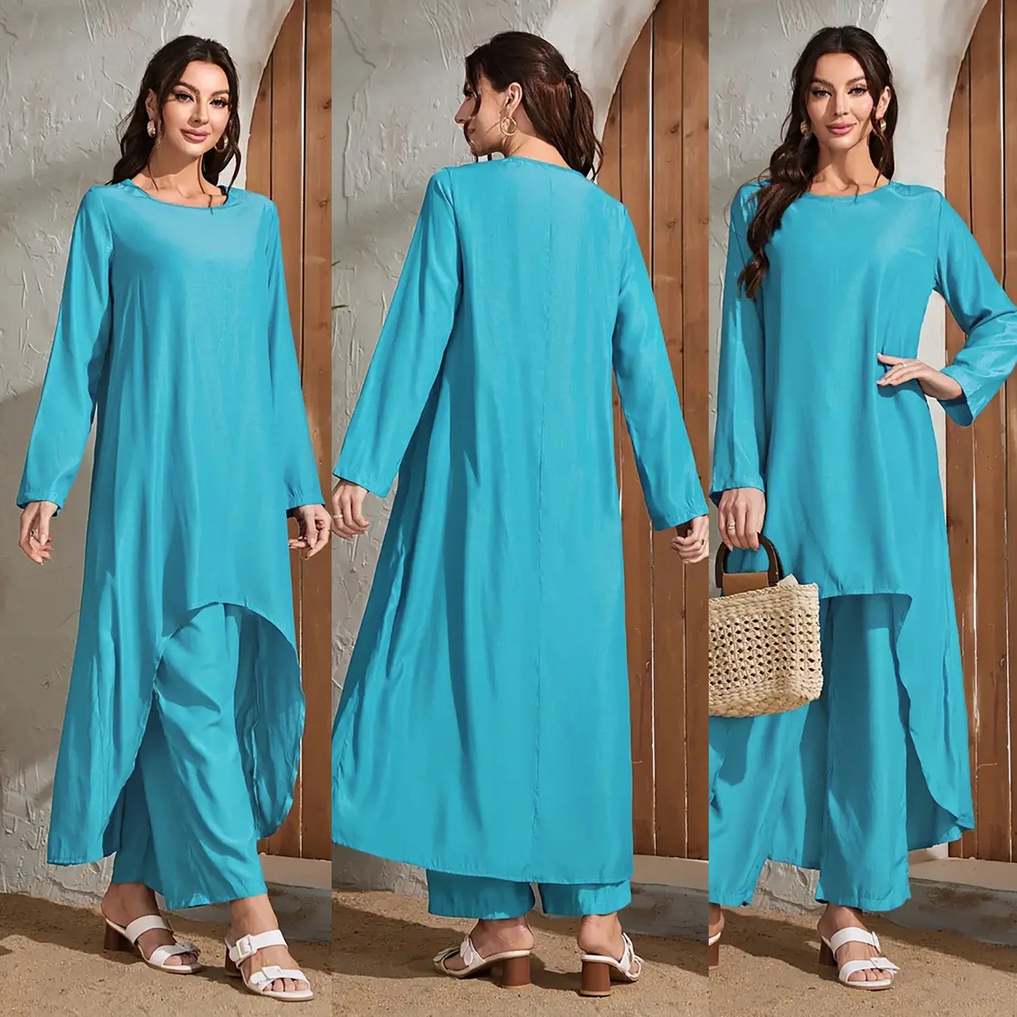 Women's Muslim Two Piece Set Fashion Elegant Solid Colour Irregular Long Dress Top Wide Leg Pants Robe