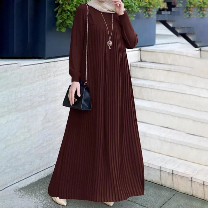 Muslim women's clothing, Arabic style fashion, elegant pleated skirt, solid color round neck long sleeved pleated dress