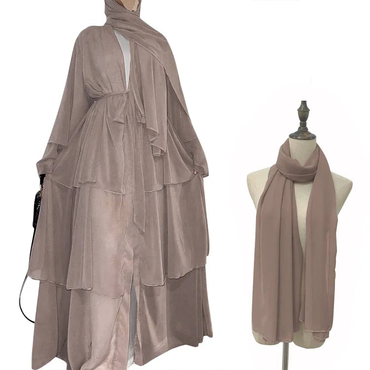 Robe Femme Musulmane Fashion Stitching Three-layer Chiffon Elegant Cardigan Dress Gown Abayas for Women Dubai Open Abaya Kimono